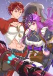  1boy 1girl abs apron breasts closed_mouth diamant_(fire_emblem) fascinator fire_emblem fire_emblem_engage frilled_apron frills highres holding holding_weapon ivy_(fire_emblem) komainutotoro large_breasts long_hair midriff_peek pink_eyes purple_hair red_eyes red_hair short_hair weapon 