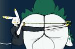  2023 anthro ass_up balls bent_over big_balls big_butt blush blush_lines bottomwear butt clothing duo ears_up generation_2_pokemon genitals hi_res lagomorph leporid looking_back male mammal nintendo open_mouth pants pokemon pokemon_(species) rabbit raster_dreams raster_dreams_(character) shirt size_difference tape_measure topwear typhlosion white_body 