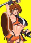  akisu_k animal_ears arm_up armpits blazblue breasts brown_eyes brown_hair clenched_hands commentary_request fingernails gloves gradient_hair highleg highleg_panties large_breasts looking_at_viewer makoto_nanaya midriff miniskirt multicolored_hair navel open_mouth panties short_hair simple_background skirt sleeveless smile solo squirrel_ears squirrel_girl squirrel_tail tail teeth underboob underwear upper_teeth_only weapon yellow_background 