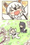  &gt;_&lt; 2girls animal_ear_fluff animal_ears anteater_ears anteater_tail black_hair blush cherry_blossoms chibi closed_eyes commentary_request extra_ears full_body fur_collar grass hair_between_eyes happy kemono_friends kemono_friends_3 kuro_shiro_(kuro96siro46) long_hair long_sleeves lying malayan_tapir_(kemono_friends) multicolored_hair multiple_girls multiple_views on_back on_grass open_mouth outdoors petals shirt short_hair sitting skirt smile southern_tamandua_(kemono_friends) spring_(season) tail tamandua_ears tamandua_tail tapir_ears tears translation_request white_hair white_shirt 