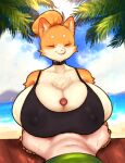  anthro beach big_breasts bottomless breast_play breasts canid canine canis chest_tuft chika_(kenjo) choker cleavage cleavage_overflow clothed clothing domestic_dog duo eyes_closed female fur genitals huge_breasts jewelry kenjo male male/female mammal mature_female necklace penis seaside sex shirt tank_top titfuck topwear tuft yellow_body yellow_fur 