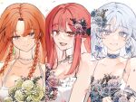  3girls absurdres armband blue_bow blue_eyes bow braid dress earrings flower hair_flower hair_ornament highres holding holding_flower hong_meiling izayoi_sakuya jewelry koakuma long_hair looking_at_viewer multiple_girls necklace open_mouth orange_hair petals pointy_ears red_eyes red_hair sarukana short_hair smile teeth touhou twin_braids white_background white_dress white_hair 