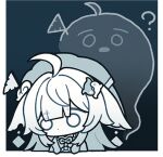  1girl 1other ? ahoge chibi chinese_clothes flag ghost greyscale hat honkai:_star_rail honkai_(series) huohuo_(honkai:_star_rail) long_hair lowres monochrome no_mouth official_art simple_background upper_body yin_yang 