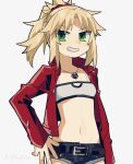  1girl belt black_belt blonde_hair blush breasts fate/apocrypha fate_(series) green_eyes grey_background grin hair_ornament hair_scrunchie highres jacket jewelry looking_at_viewer mordred_(fate) mordred_(fate/apocrypha) necklace open_clothes open_jacket ponytail red_jacket red_scrunchie scrunchie short_shorts shorts simple_background small_breasts smile solo uotsu_(sabakou) 
