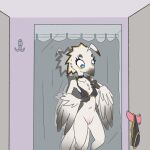  anthro avian bird blue_eyes bottomless clothed clothing collar curtains dressing_up embarrassed feathers female flat_chested genitals glory_hole hanger looking_at_genitalia looking_at_object looking_at_penis lyra_(w4g4) mirror no_underwear panties penis potoo pussy solo unbuttoned_shirt underwear undressing unknown_artist wall_(structure) white_body white_feathers wings 