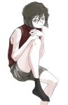  1girl bare_shoulders black_hair black_socks closed_mouth foot_out_of_frame grey_shorts haibara_ai hair_between_eyes highres kawatiw knee_up legs looking_at_viewer meitantei_conan no_shoes pale_skin red_shirt shirt short_hair short_shorts shorts simple_background sitting sleeveless sleeveless_shirt sleeveless_turtleneck socks solo turtleneck white_background 