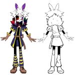  accessory ambiguous_gender anthro bangs bottomwear clothed clothing footwear fully_clothed g4cruf0 gloves hair hair_accessory hairclip handwear heterochromia hi_res jacket lagomorph leporid mammal pants rabbit rabbit_ears shoes solo suprella_(g4cruf0) topwear white_hair 