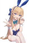  1girl absurdres bare_shoulders blonde_hair blue_archive blue_eyes blue_leotard bow bowtie breasts cleavage detached_collar earpiece food food_in_mouth hands_up heiyizhushenxia highres holding holding_food holding_pocky leotard long_hair medium_breasts microphone official_alternate_costume official_alternate_hairstyle open_mouth playboy_bunny pocky pocky_in_mouth simple_background sitting solo teeth thighhighs toki_(blue_archive) toki_(bunny)_(blue_archive) upper_teeth_only v very_long_hair white_background white_thighhighs wrist_cuffs 