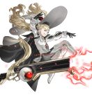  1girl artificial_eye blonde_hair boots brown_eyes buttons cape dress eitri_(fire_emblem) energy_gun evil_smile fire_emblem fire_emblem_heroes flat_chest floating floating_object full_body gloves gold_trim hands_up hat high_heels highres kozaki_yuusuke long_hair mechanical_eye non-web_source official_art outstretched_arms pantyhose parted_lips short_dress smile spread_arms teeth thigh_boots transparent_background very_long_hair weapon white_dress witch_hat 