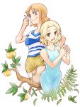  2girls bare_shoulders black_eyes blonde_hair blue_dress branch closed_mouth dress food fruit kaya_(one_piece) leaf medium_hair multiple_girls nami_(one_piece) one_piece open_mouth orange_hair shirt short_hair short_sleeves shorts simple_background smile thumbs_up tsumori white_background 