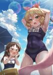  1boy 2girls armpits arms_up beach_umbrella belly blonde_hair blue_bow blue_one-piece_swimsuit blue_sky blush bow breasts brown_hair commentary_request constricted_pupils covered_navel day green_eyes hair_between_eyes hair_bow hair_ribbon half-closed_eyes holding holding_stick idolmaster idolmaster_cinderella_girls katsusandoc3 long_hair looking_at_another multiple_girls name_tag one-piece_swimsuit open_mouth outdoors p-head_producer producer_(idolmaster) red_ribbon ribbon sakurai_momoka school_swimsuit short_hair shouting sidelocks sky small_breasts stick sunlight surprised sweat swimsuit tachibana_arisu thighs umbrella v-shaped_eyebrows wavy_hair wet 