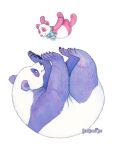 2023 bear bearhybrid bow_ribbon claws feral fur giant_panda legs_up lying mammal mouth_closed on_back paws playful plushie signature smile 