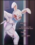  absurd_res anthro biskydraws bodily_fluids breasts clothed clothing english_text erection erection_under_clothing five_nights_at_freddy&#039;s genitals gynomorph hi_res holding_object holding_weapon intersex lagomorph leporid mammal open_mouth penis rabbit red_eyes scottgames solo speech_bubble text vanny_(fnaf) weapon whiskers white_body 