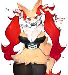  anthro blush braixen clothed clothing female fur generation_6_pokemon hi_res looking_at_viewer nintendo pokemon pokemon_(species) red_eyes simple_background solo togetoge yellow_body yellow_fur 