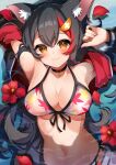  1girl animal_ears arms_up bikini black_choker black_hair breasts choker fingernails flower hair_between_eyes hair_ornament highres hololive large_breasts light_blush long_hair looking_at_viewer multicolored_hair navel ookami_mio ookami_mio_(summer_vacation) partially_submerged smile solo streaked_hair string_bikini swimsuit takumin_dx upper_body very_long_hair virtual_youtuber wolf_ears wolf_girl yellow_eyes 