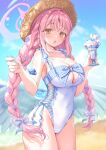  1girl beach blue_archive blush braid breasts cup curvy food glasses hat highres holding holding_cup holding_spoon ice_cream large_breasts long_hair looking_at_viewer mika_(blue_archive) mikeneko_mari one-piece_swimsuit outdoors pink_hair solo spoon swimsuit thighs yellow_eyes 