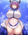  1girl :d absurdres animal_ears arknights bangs bare_shoulders bikini blue_sky breasts cloud commentary_request cowboy_shot day hair_between_eyes highres horns huge_breasts looking_at_viewer navel official_alternate_costume open_mouth purple_hair rikuguma short_hair sideroca_(arknights) sideroca_(light_breeze)_(arknights) sky smile solo standing stomach swimsuit thick_thighs thigh_strap thighs white_bikini yellow_eyes 
