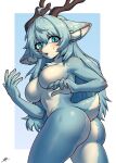  2023 absurd_res anthro antlers blue_body blue_eyes blue_fur blue_hair blush bodily_fluids breasts butt chest_tuft cursedanchovy deer ears_down eyelashes featureless_breasts female fur glistening glistening_butt hair hi_res horn inner_ear_fluff long_hair looking_at_viewer looking_back looking_back_at_viewer mammal nude open_mouth pivoted_ears scut_tail short_tail shoulder_tuft solo spots sweat sweatdrop tail tuft white_body white_fur 