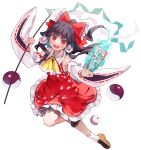  1girl ascot bare_shoulders blunt_bangs bow brown_footwear brown_hair detached_sleeves dress floating_hair full_body gohei hair_bow hair_tubes hakurei_reimu holding holding_gohei looking_at_viewer mary_janes medium_hair ofuda open_mouth orb red_bow red_dress red_eyes ribbon-trimmed_sleeves ribbon_trim sarashi shoes simple_background sleeveless sleeveless_dress socks solo syuri22 touhou unfinished_dream_of_all_living_ghost white_sleeves white_socks yellow_ascot yin_yang yin_yang_orb 