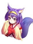  1girl absurdres animal_ear_fluff animal_ears blush commentary_request cropped_torso dot_nose fox_ears fox_tail hair_intakes hairband hands_up hatsuse_izuna highres m.tokotsu no_game_no_life open_mouth purple_hair red_eyes robe simple_background sleeves_past_fingers sleeves_past_wrists solo tail upper_body white_background white_robe 