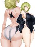  1girl absurdres alternate_costume arched_back ass back_cutout bare_arms bare_shoulders black_jacket black_one-piece_swimsuit blush breasts closed_mouth clothing_cutout commission competition_swimsuit criss-cross_back-straps from_behind girls&#039;_frontline green_eyes grey_headwear groin hair_ornament hairclip highleg highleg_swimsuit highres impossible_clothes impossible_swimsuit jacket large_breasts long_hair long_sleeves looking_at_viewer maruyaa_(malya1006) median_furrow mk48_(girls&#039;_frontline) multiple_views off_shoulder one-piece_swimsuit open_clothes open_jacket red_eyes simple_background skeb_commission smile swimsuit taut_clothes taut_swimsuit thighs track_jacket trefoil two-tone_one-piece_swimsuit white_background white_one-piece_swimsuit 