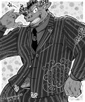  anthro black_body black_fur bovid bovine cattle clothing eyebrows fur greyscale gyumao horn lifewonders male mammal masapeko33 monochrome muscular muscular_anthro muscular_male necktie one_eye_closed pinstripe_clothing pinstripe_pants pinstripe_suit smile solo suit thick_eyebrows tokyo_afterschool_summoners wink 