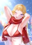  1girl armpits arms_behind_head bikini blonde_hair blush breasts cleavage cowlick dosanko_gyaru_wa_namaramenkoi fuyuki_minami highres ikada_kai large_breasts long_hair official_art one_eye_closed pine_tree purple_eyes red_bikini red_scarf scarf short_bangs smile snowflakes snowing solo sunlight swimsuit tongue tongue_out tree upper_body very_long_hair 