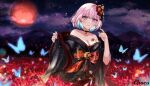  airani_iofifteen bare_shoulders breasts bug butterfly chocola_s cleavage field flower flower_field hair_ornament hairpin highres hololive hololive_indonesia japanese_clothes kimono moon night night_sky short_hair sky 