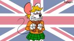  2023 aardman_animations anthro blonde_hair bottomwear capcom clothed clothing female hair hi_res humor meme moushley protagon resident_evil signature skirt solo style_parody union_jack wallace_and_gromit 
