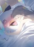  1girl 1other absurdres anohito401 blood blue_archive blush closed_eyes costume floor hifumi_(blue_archive) highres indoors light_brown_hair long_hair lying nosebleed on_side open_mouth peroro_(blue_archive) pillow sleeping 