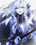  1boy argalia_(project_moon) ascot blue_cape blue_eyes cape hair_ornament hand_up highres holding holding_weapon library_of_ruina long_hair looking_at_viewer luull male_focus pale_skin parted_lips project_moon simple_background sketch smile solo very_long_hair weapon white_ascot white_background white_hair 