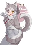  1girl animal_ears blue_eyes blush dog_(mixed_breed)_(kemono_friends) dog_ears dog_girl dog_tail elbow_gloves fur_trim gloves grey_fur grey_hair grey_jacket grey_pantyhose grey_skirt harness heterochromia highres jacket kemono_friends multicolored_clothes multicolored_hair multicolored_jacket noor7 open_mouth pantyhose pleated_skirt scarf short_hair short_sleeves sidelocks skirt smile solo sweater tail two-tone_hair two-tone_jacket white_gloves white_hair white_jacket white_scarf white_sweater yellow_eyes 