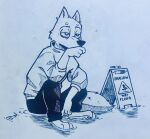  2023 absurd_res anthro barefoot canid canine canis clothed clothing feet fully_clothed fur hi_res inktober inktober_2023 male mammal signature sitting solo theblueberrycarrots traditional_media_(artwork) water wet_floor wet_floor_sign wolf 