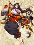  1girl black_hair black_hakama breasts dairoku_ryouhei detached_sleeves earclip fingerless_gloves forehead_tattoo full_body gloves hakama holding holding_weapon japanese_clothes kasama_yufu kimono long_hair long_sleeves looking_at_viewer red_eyes red_gloves red_nails sachi_tuna sandals shide simple_background socks solo very_long_hair weapon white_socks yellow_background 