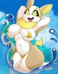  2023 anthro big_breasts bikini breasts clothed clothing deerrobin fangs female generation_8_pokemon hands_behind_head hi_res navel nintendo open_mouth pokemon pokemon_(species) solo swimwear teeth thick_thighs tongue tongue_out water yamper 