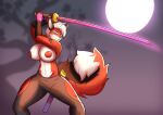  absurd_res anthro areola bottomwear breasts canid canine clothed clothing female fur hi_res katana mammal melee_weapon nipples pants red_body red_fur solo sword thony_dog topless warrior weapon 