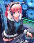  1girl ahoge aocchi black_skirt bracelet breasts dj fur_trim hand_up headphones indoors jewelry looking_at_viewer medium_breasts miniskirt official_art peropero_saimin pink_hair skirt smile solo speaker turntable zettai_ryouiki 