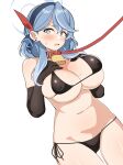  1girl absurdres ako_(blue_archive) bare_shoulders bell bikini black_bikini black_gloves blue_archive blue_eyes blue_hair blue_hairband blush breasts collar cowbell cowboy_shot elbow_gloves gloves hairband halo hands_on_own_chest highres large_breasts leash looking_at_viewer lowleg lowleg_bikini micro_bikini navel parted_lips red_collar seihekiog side-tie_bikini_bottom sideboob simple_background solo stomach swimsuit underboob white_background 