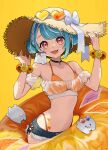  bare_shoulders bikini black_choker blue_hair choker eyewear_on_head flower_ornament hat highres multicolored_hair navel orange_eyes orange_nails ribbon shiranami_ramune side-tie_shorts streaked_hair sunglasses swimsuit virtual_youtuber vspo! yuu_(higashi_no_penguin) 