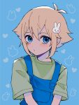  0tz026 1boy basil_(omori) blonde_hair blue_background blue_eyes blue_overalls blush closed_mouth green_shirt hair_ornament highres looking_at_viewer omori overalls rabbit_hair_ornament shirt short_hair short_sleeves simple_background solo upper_body 