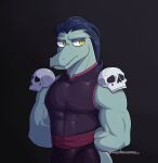  anthro blue_hair bone clothing disney fangs hair hi_res lizard male mashumaroo muscular muscular_anthro muscular_male overbite pecs pupils reptile scalie skull slit_pupils solo star_vs._the_forces_of_evil teeth tight_clothing tight_topwear toffee_(svtfoe) topwear yellow_eyes 