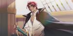  1boy claw_scar coat coat_on_shoulders collared_shirt dark-skinned_male dark_skin eyebrow_cut facial_hair goatee jaeun90_(lju90) male_focus mature_male one_piece pectoral_cleavage pectorals pirate_ship red_hair shanks_(one_piece) sheath sheathed shirt short_hair smile solo stubble sword thick_eyebrows upper_body weapon 