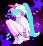  1girl absurdres ankle_socks aqua_hair arms_at_sides bare_legs beamed_eighth_notes black_socks bow bracelet breasts closed_eyes collared_shirt dark_background dot_nose eighth_note eyelashes full_body gradient_background grey_skirt hair_between_eyes hair_bow halftone happy hatsune_miku headband headphones highres jewelry knees_to_chest knees_up legs_together long_hair music musical_note official_alternate_costume open_mouth plaid plaid_skirt pleated_skirt pokemon polo_shirt purple_background red_bow shirt shoes short_sleeves simple_background singing skirt slwii2 small_breasts sneakers socks solo staff_(music) star_(symbol) starry_background swept_bangs tie_clip twintails two-tone_background very_long_hair vocaloid white_footwear white_headband white_shirt 