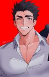  1boy absurdres bara black_hair blush brown_eyes collared_shirt doku_(hitori_ox) grin highres male_focus muscular muscular_male one_eye_closed pectoral_cleavage pectorals protagonist_3_(housamo) red_background shirt short_hair simple_background smile solo thick_eyebrows tokyo_afterschool_summoners upper_body white_shirt 
