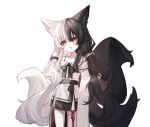  1girl alice_mana animal_ears bare_shoulders black_hair black_skirt collarbone fang fox_ears fox_girl fox_tail hair_between_eyes highres holding holding_hair indie_virtual_youtuber kitsune long_hair multicolored_hair off-shoulder_shirt off_shoulder open_mouth raeee red_eyes shirt simple_background skirt solo standing tail two-tone_hair very_long_hair virtual_youtuber white_background white_hair white_shirt 