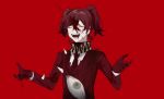  androgynous blood blood_on_clothes blood_on_face commentary e.g.o_(project_moon) employee_(lobotomy_corporation) gloves jacket lobotomy_corporation long_sleeves necktie one_eye_closed open_mouth project_moon quin_tails red_background red_gloves red_hair red_jacket red_necktie shirt short_twintails shuishui_a simple_background smile solo twintails upper_body w_arms white_shirt 