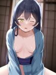  1girl areola_slip blue_hair blue_kimono blush borgbutler breasts covered_nipples hair_between_eyes highres japanese_clothes kimono long_hair looking_at_viewer love_live! love_live!_school_idol_project medium_breasts no_bra no_pants obi one_eye_closed open_clothes open_mouth sash solo sonoda_umi spread_legs yellow_eyes 