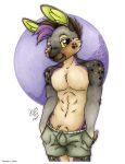  2023 anthro brown_hair clothed clothing fur green_body green_fur green_sclera grey_body grey_fur hair hare inner_ear_fluff lagomorph leporid looking_at_viewer male mammal michele_light multicolored_hair nipples purple_body purple_fur purple_hair smile solo tan_body tan_fur topless tuft two_tone_hair 