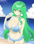  1girl absurdres bikini blue_bikini blue_sky breasts cleavage closed_mouth cloud commentary_request commission cowboy_shot frog_hair_ornament green_eyes green_hair hair_ornament highres huge_breasts kochiya_sanae looking_at_viewer multiple_sources ocean outdoors shirokumall skeb_commission sky smile snake_hair_ornament solo swimsuit touhou 