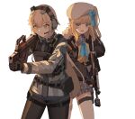  2girls absurdres aiming assault_rifle beret black_pantyhose blonde_hair blue_eyes blue_ribbon bullpup commentary counter-strike_(series) counter_strike:_global_offensive cowboy_shot english_commentary frown fur_collar gar32 gauze girls&#039;_frontline girls&#039;_frontline_2:_exilium gloves gun hair_between_eyes hat headset highres holding holding_gun holding_weapon load_bearing_vest long_sleeves looking_away magazine_(weapon) multiple_girls muzzle_brake neck_ribbon one_side_up open_mouth ots-14 ots-14_(girls&#039;_frontline) pantyhose parody plaid plaid_skirt plate_carrier ribbon rifle sailor_collar shirt short_hair shotgun side_ponytail skirt smoke_grenade standing striped striped_shirt tactical_clothes thigh_pouch vepley_(girls&#039;_frontline_2) vepr-12 vertical_foregrip vest weapon white_background white_headwear yellow_eyes yellow_vest 